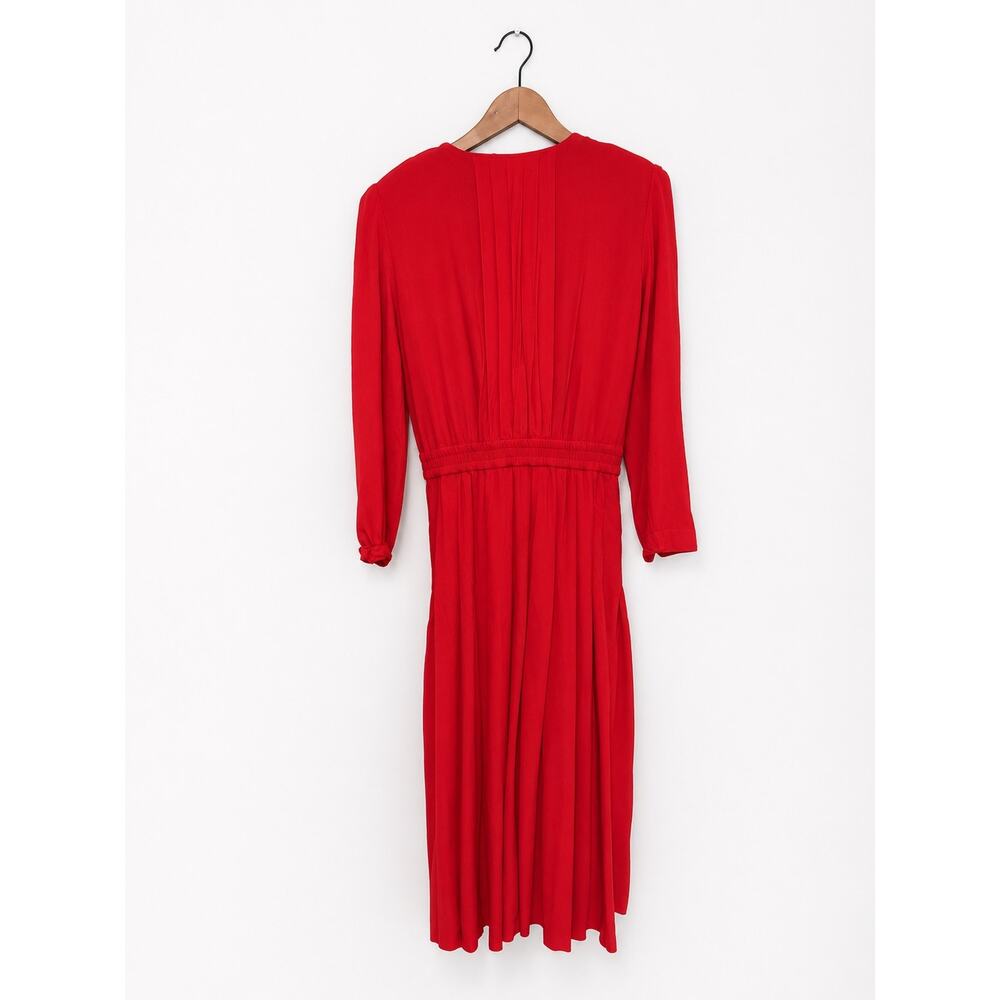 Vintage Marie St Claire Red Midi Dress Pearl Buttons Long Sleeve Cottagecore S 8 - Picture 3 of 3